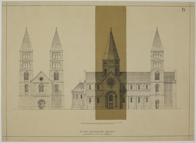 214417 Opstanden van de voor- en linkergevel van de door bisschop Adelbold gebouwde Domkerk te Utrecht; met verlengd ...